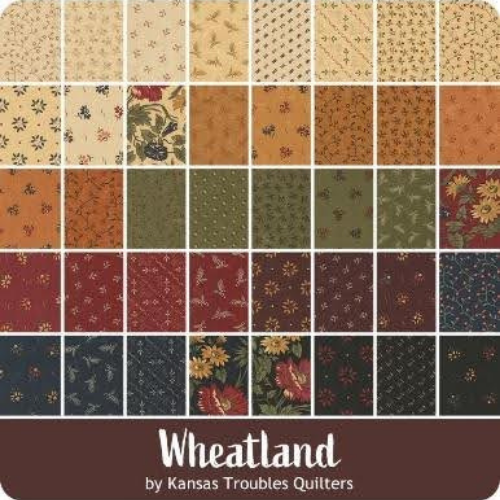 Grid of fabric swatches labeled 'Wheatland by Kansas Troubles Quilters' with various floral and patterned designs.