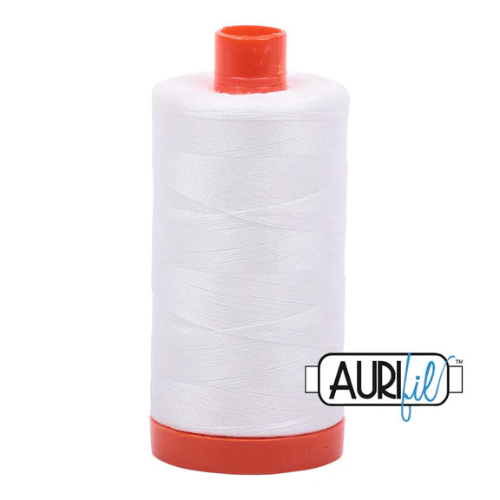 Spool of white thread with red ends on a white background, featuring the Aurifil logo.