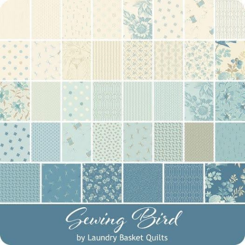 Collection of blue and beige fabric swatches with 'Sewing Bird by Laundry Basket Quilts' branding.