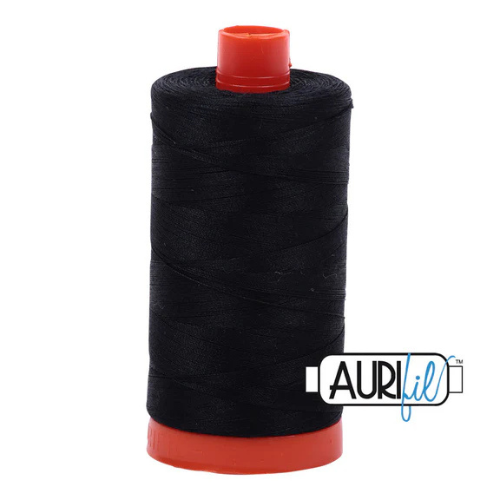 Spool of black thread with red cap on a white background, featuring the Aurifil logo.