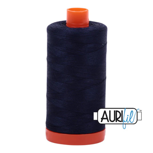 Spool of dark blue thread with orange ends on a white background, featuring the Aurifil logo.