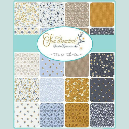 Collection of fabric swatches with 'Sun-Drenched' and 'Moda' branding on a light blue background.