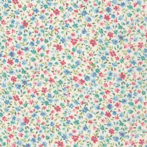 Floral pattern with small flowers in pink, blue, and green on a light background