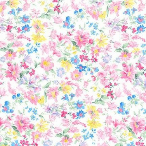 Floral pattern with pink, yellow, and blue flowers on a white background