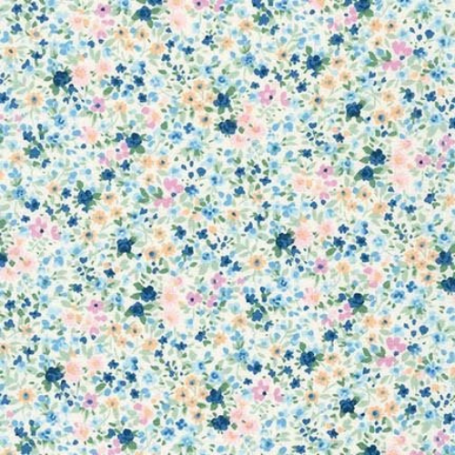 Floral pattern with small flowers in pastel colours on a light blue background