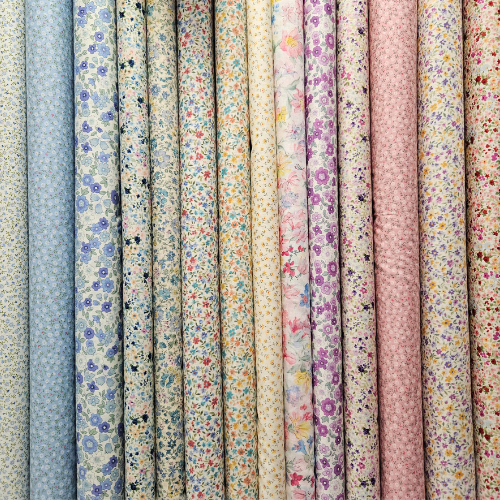 Row of floral fabric swatches in various colours
