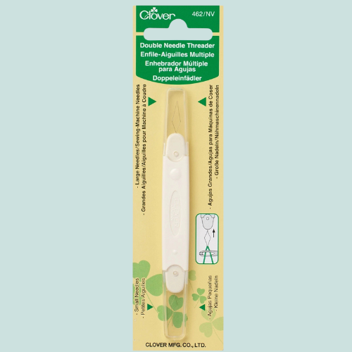 Clover double needle threader packaging on a light blue background
