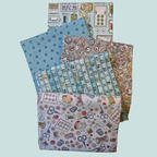 Set of fabric swatches with various patterns on a light blue background