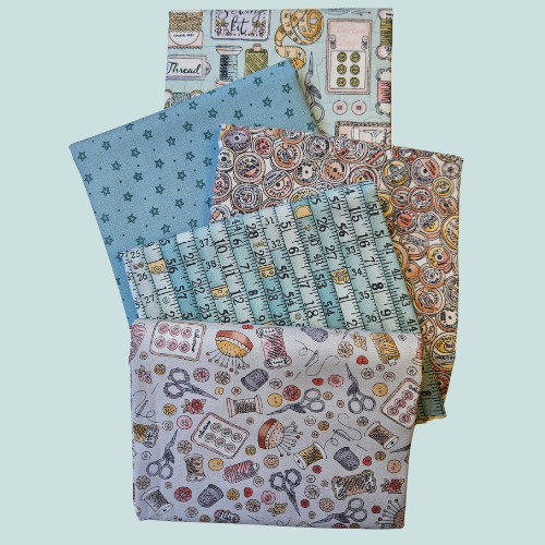 Set of fabric swatches with various patterns on a light blue background