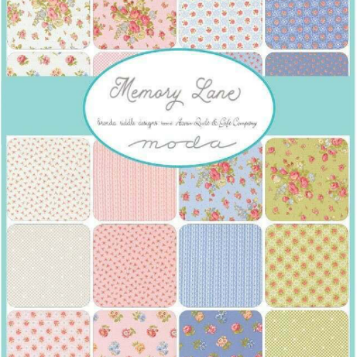 Collection of fabric swatches with various patterns and colours, featuring the 'Memory Lane' brand by Moda.