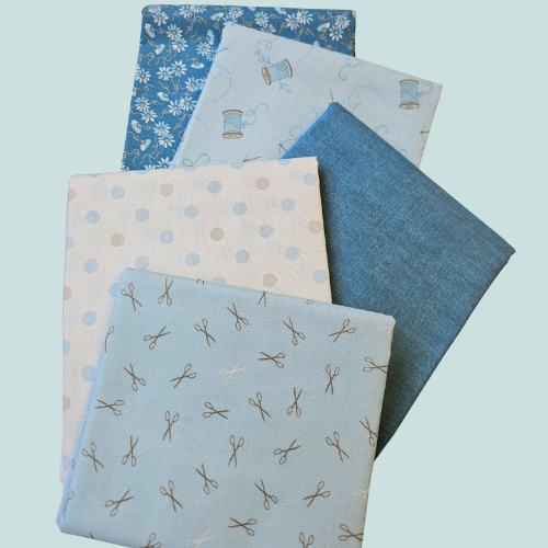 Collection of fabric swatches with various patterns on a light blue background