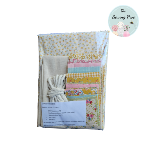 Drawstring Bag, pattern & kit in Pink/Yellow Tilda fabric