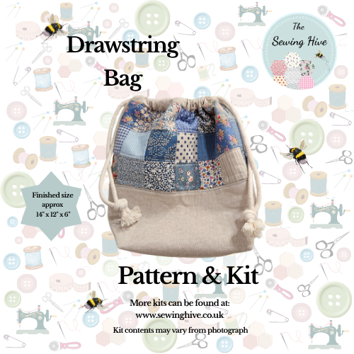 Drawstring Bag, pattern & kit in Blue Tilda fabric